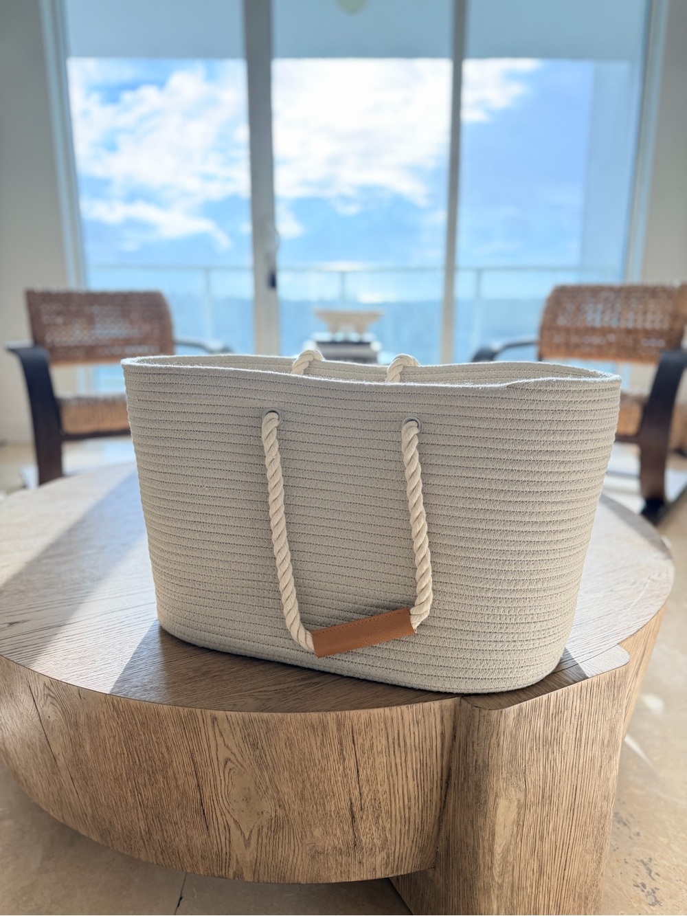 Neutral Cream Rope Tote with Leather Handle Accent